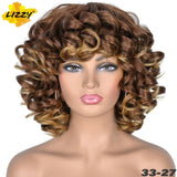 Short Hair Afro Curly Wig With Bangs Loose Synthetic Cosplay Fluffy Shoulder Length Natural Wigs For Black Women Dark Brown 14" - Solar Led Lights